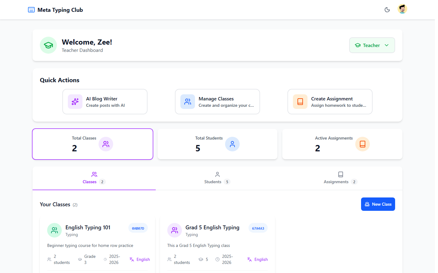 Teacher dashboard showing the Classes tab with class cards
