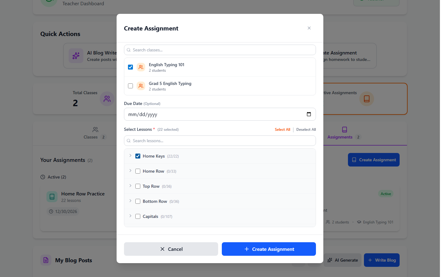 Due date picker on the assignment form