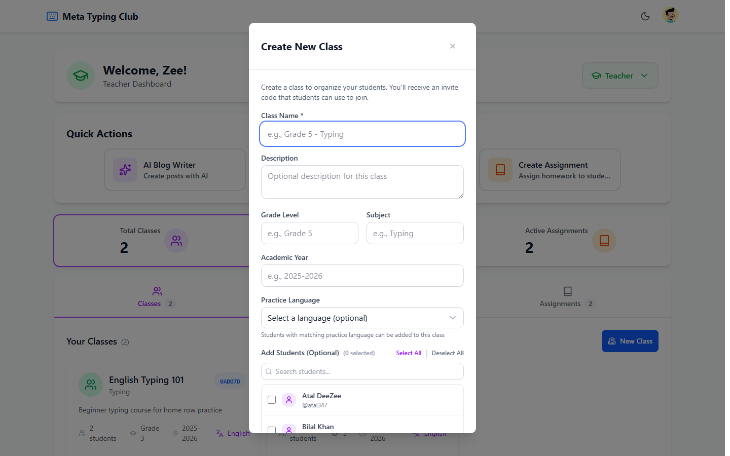Create Class modal open with a name field