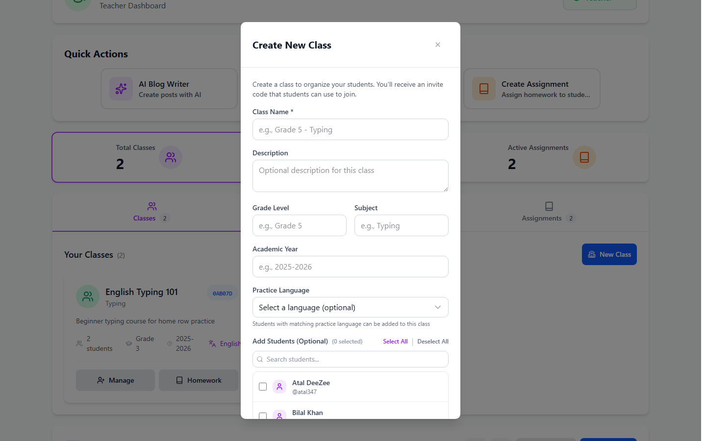 Class invite code shown with a share option