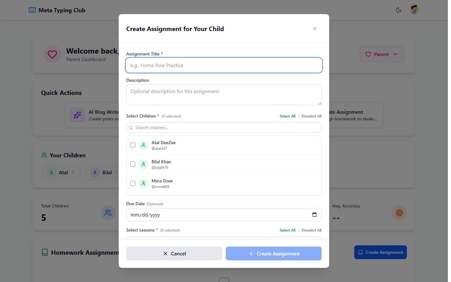 Create Assignment button highlighted on the child's assignments view