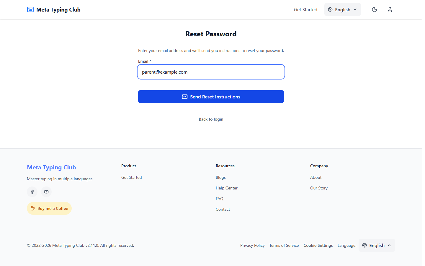 Form with an email address entered for password reset