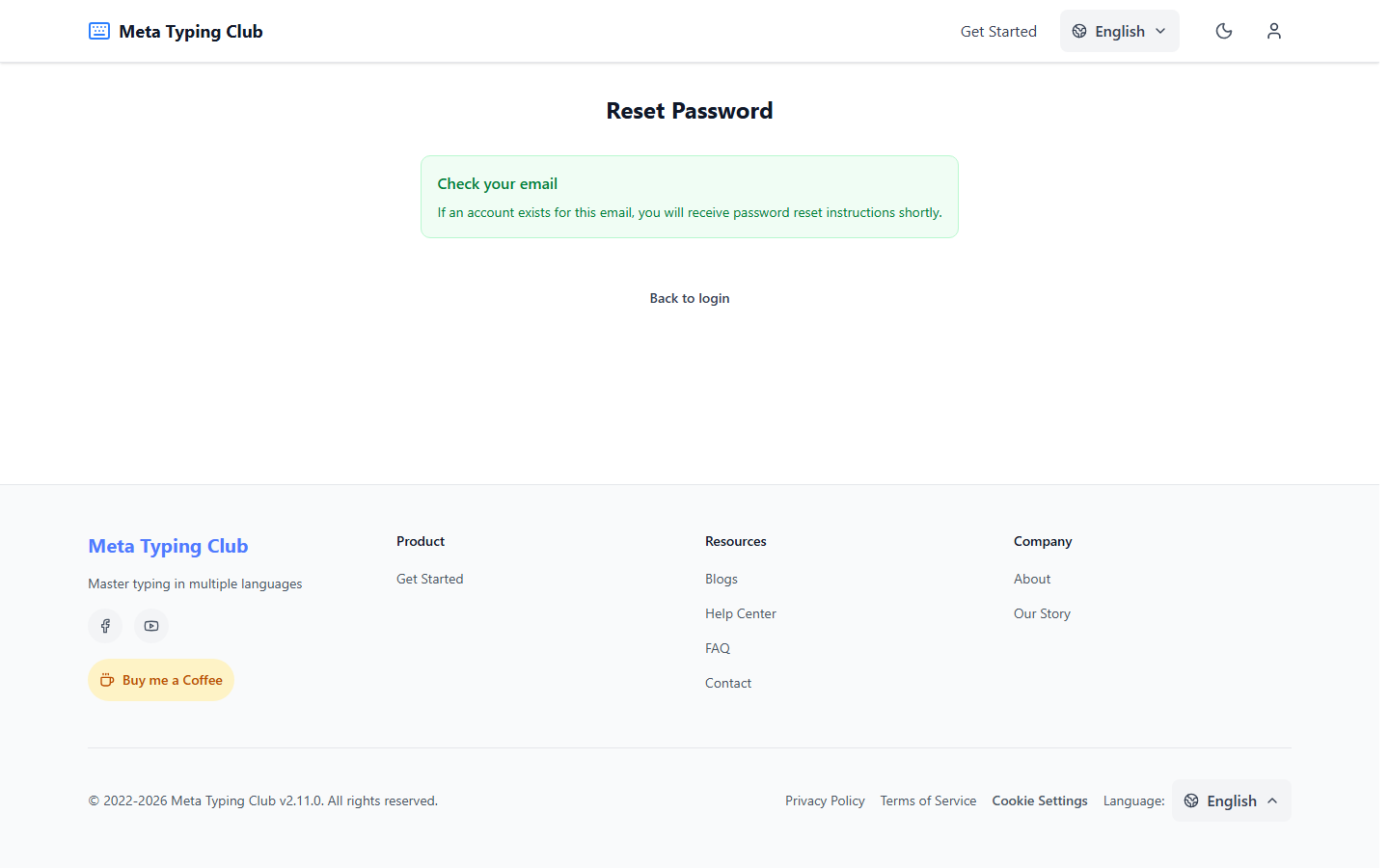 Confirmation that a password reset email has been sent