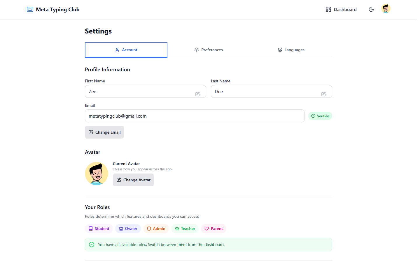 Settings page with the Account tab open