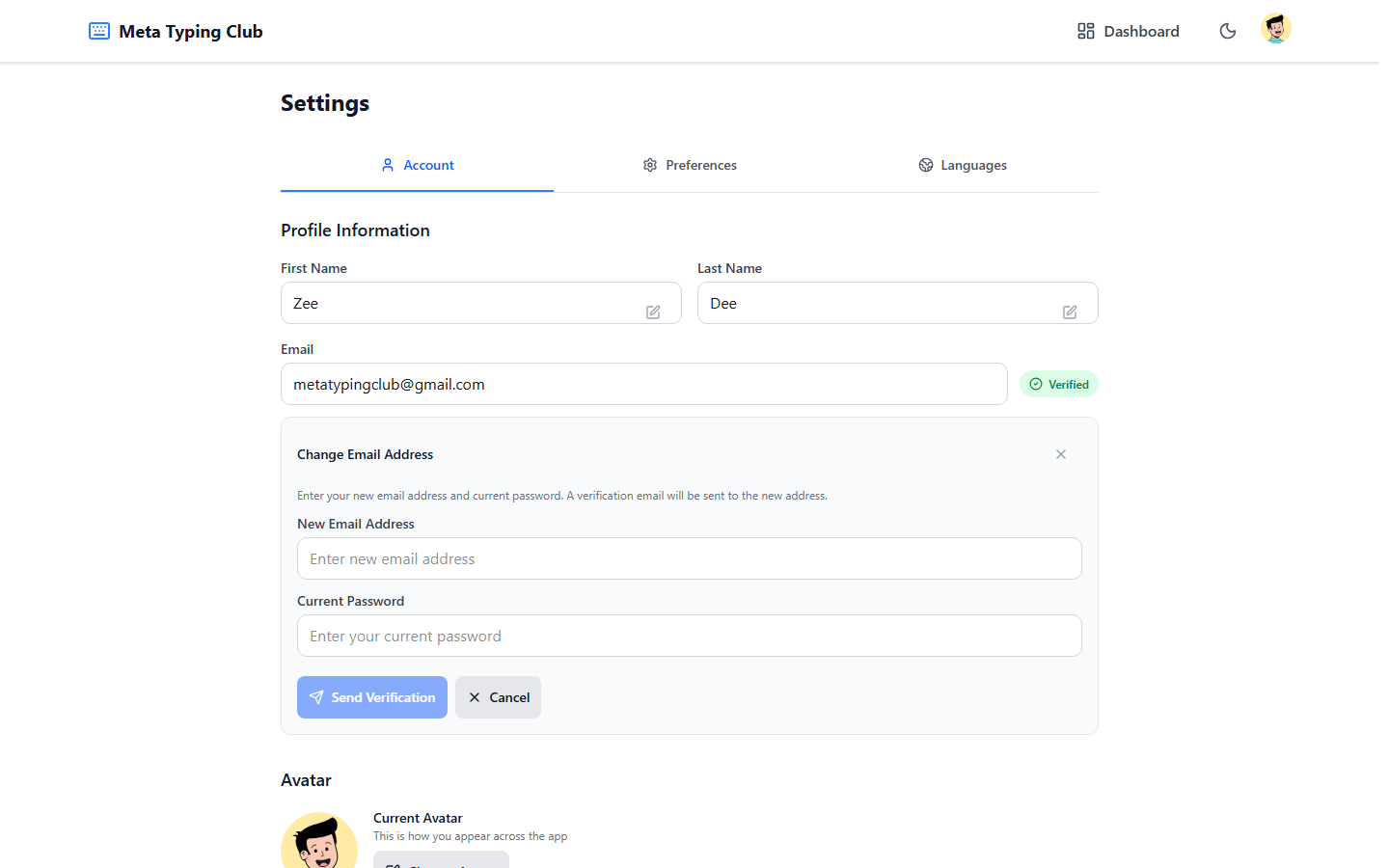 Account settings with the email field being edited
