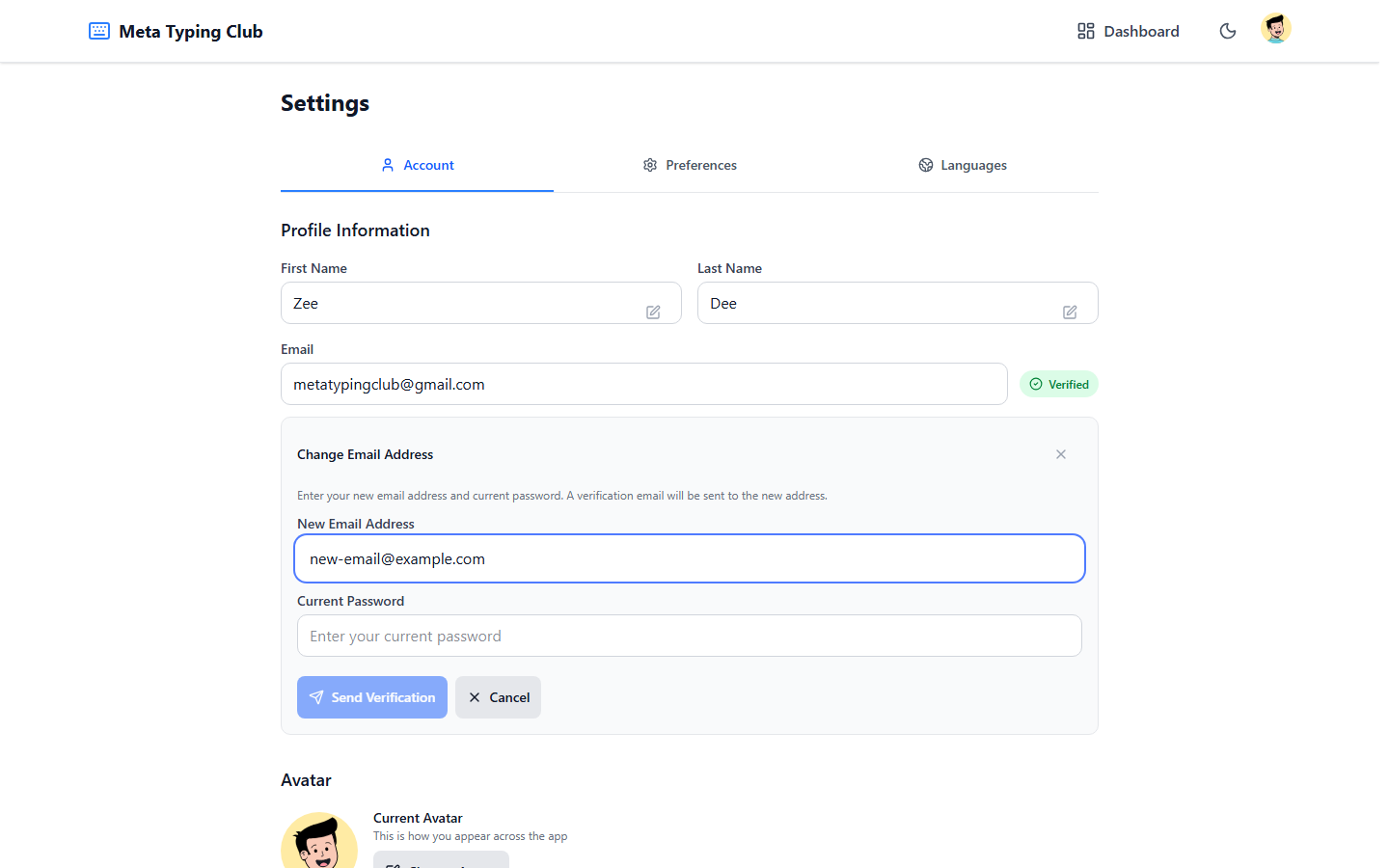 Notice asking the user to verify the new email address