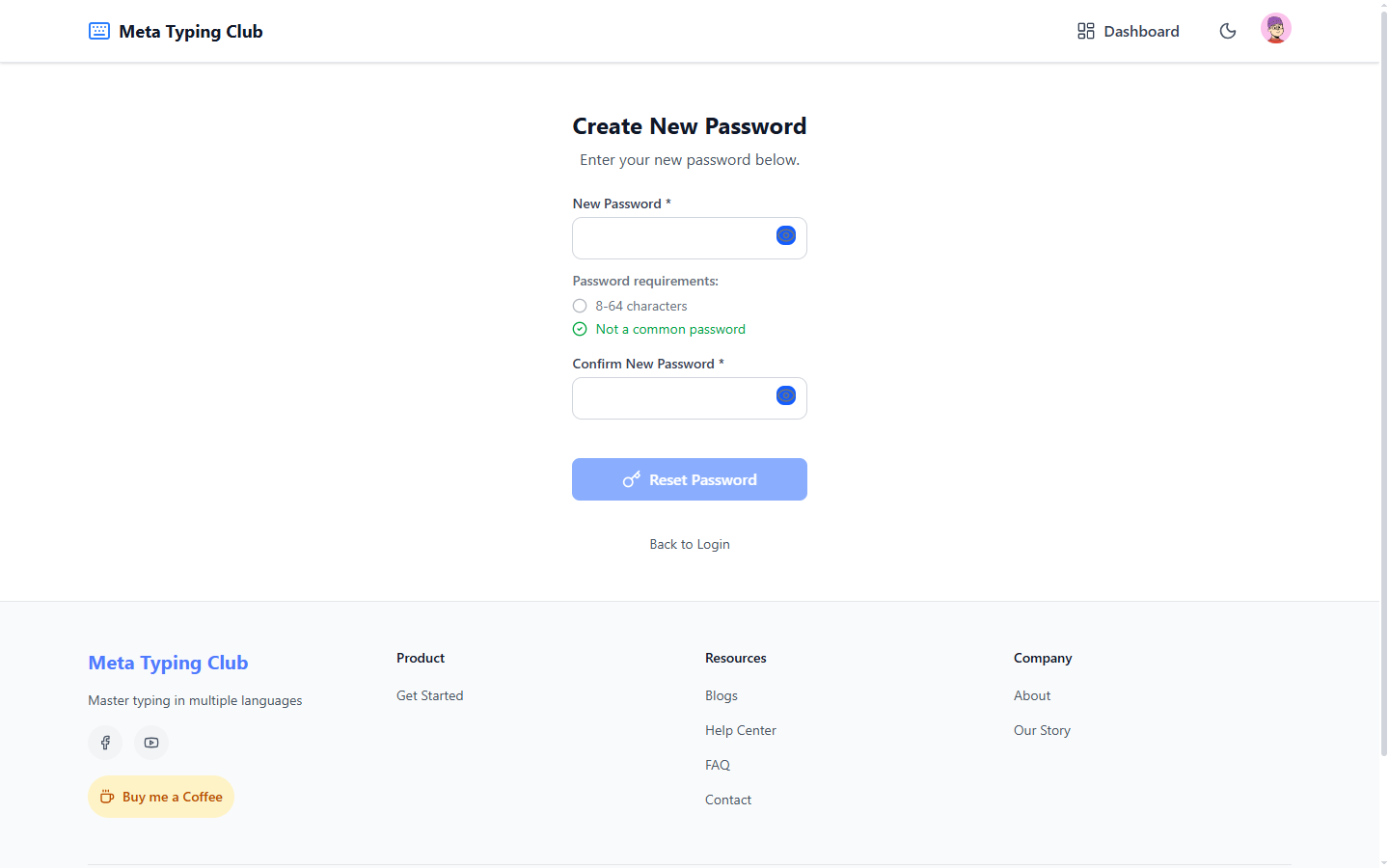 Reset page with a new password and confirm password field