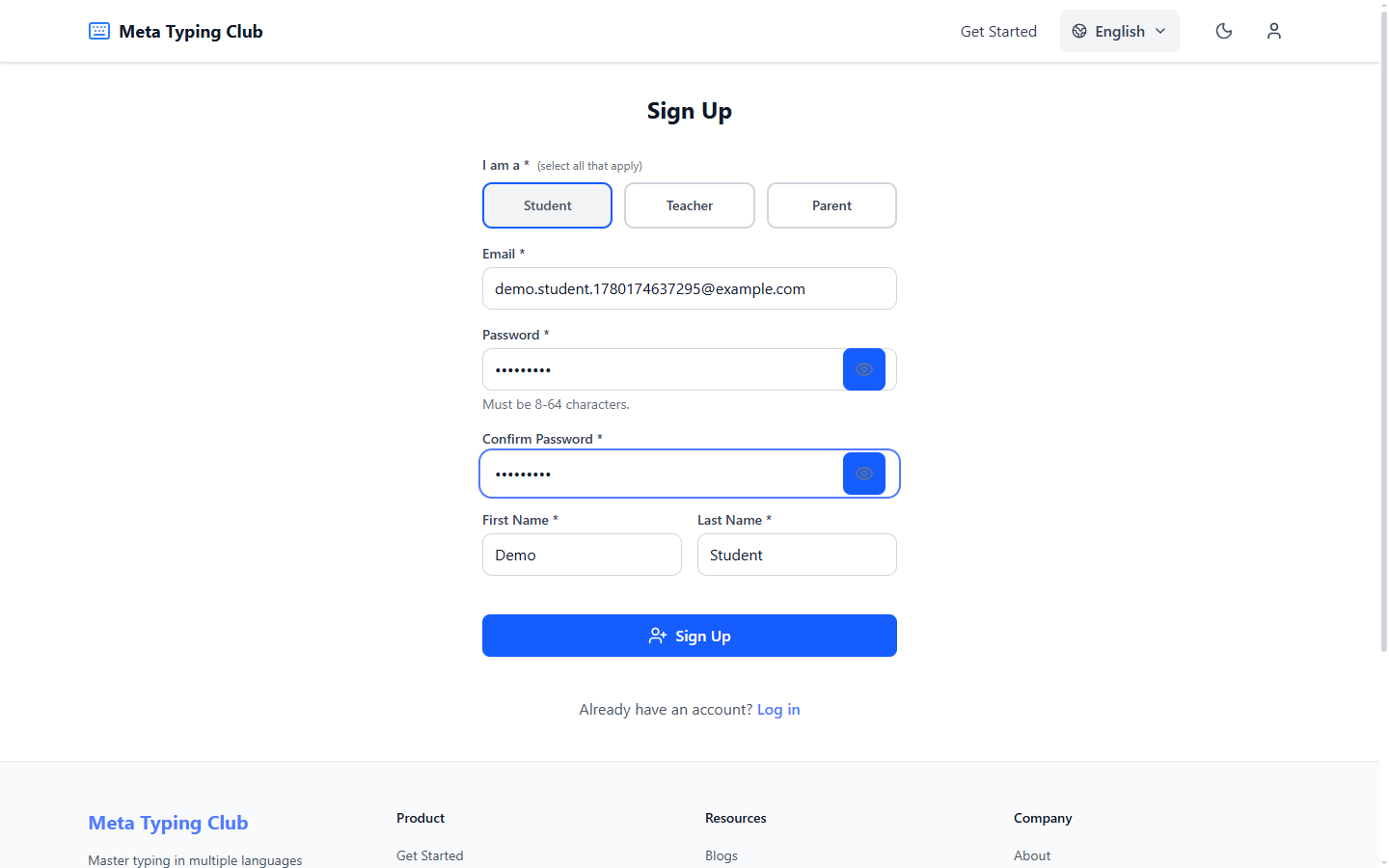 Account form filled with an email address and a password