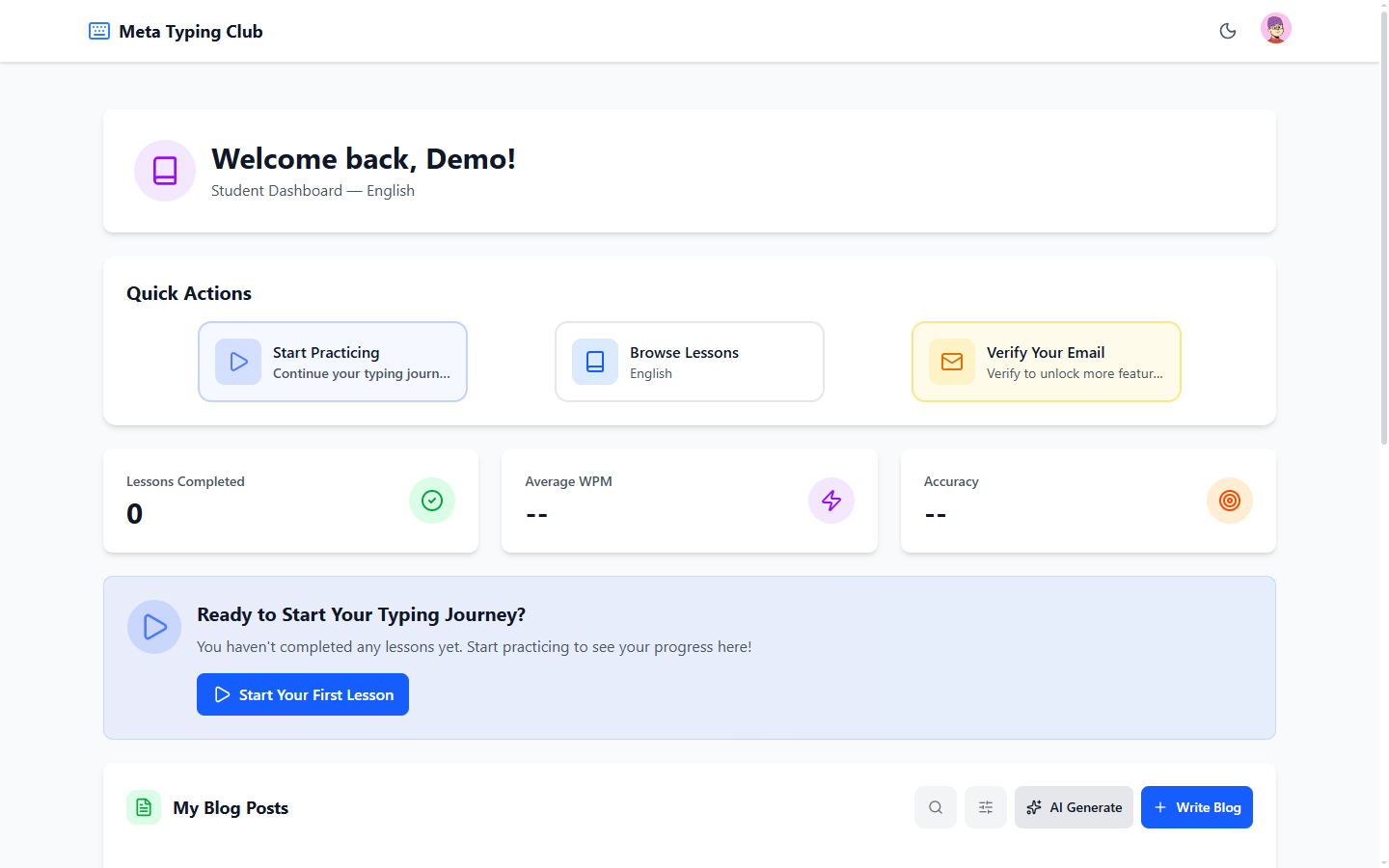 User dashboard shown after a successful sign up