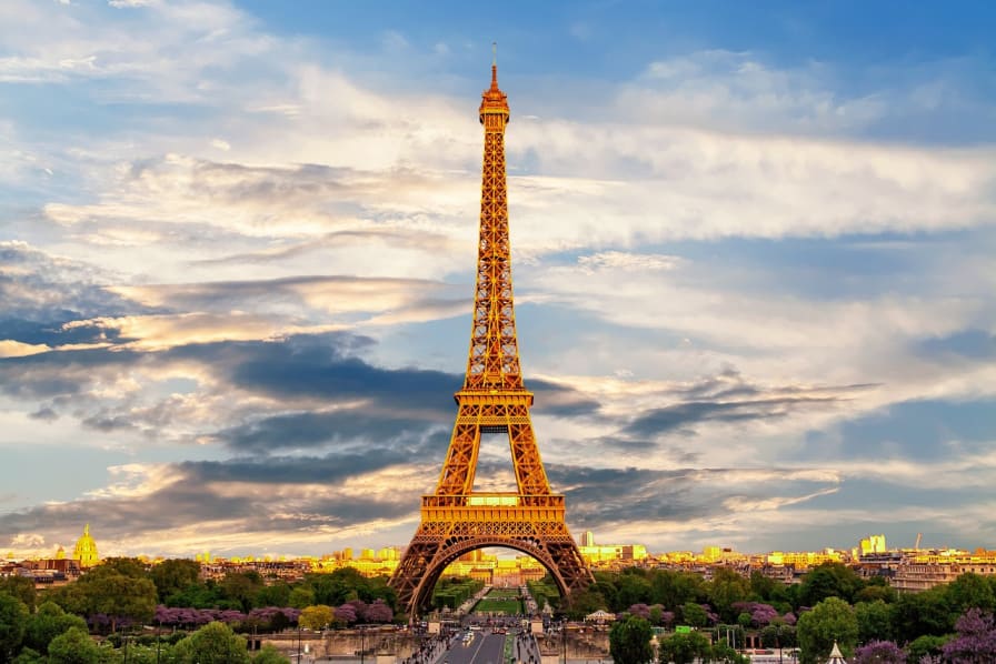 Vertical perspective of the Eiffel Tower in central Paris, France. Taken  from on top of the Arc De Triomphe viewing deck.