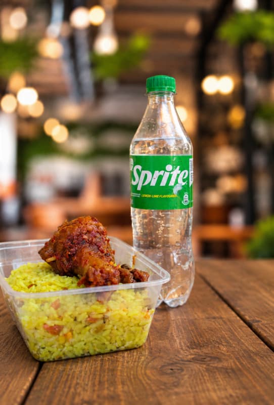Fried rice with chicken and drink