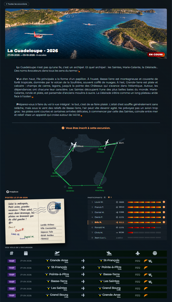 Interface d'une excursion Laridia Airlines