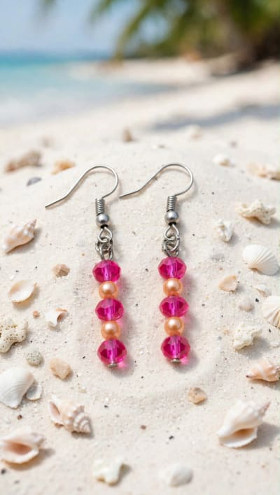 Aretes Colgantes Cristal Rosa y Perla acrílica