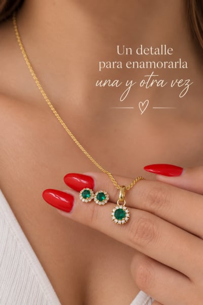Conjunto de Joyería corazon y esmeral Ref 1715- Aretes y Collar