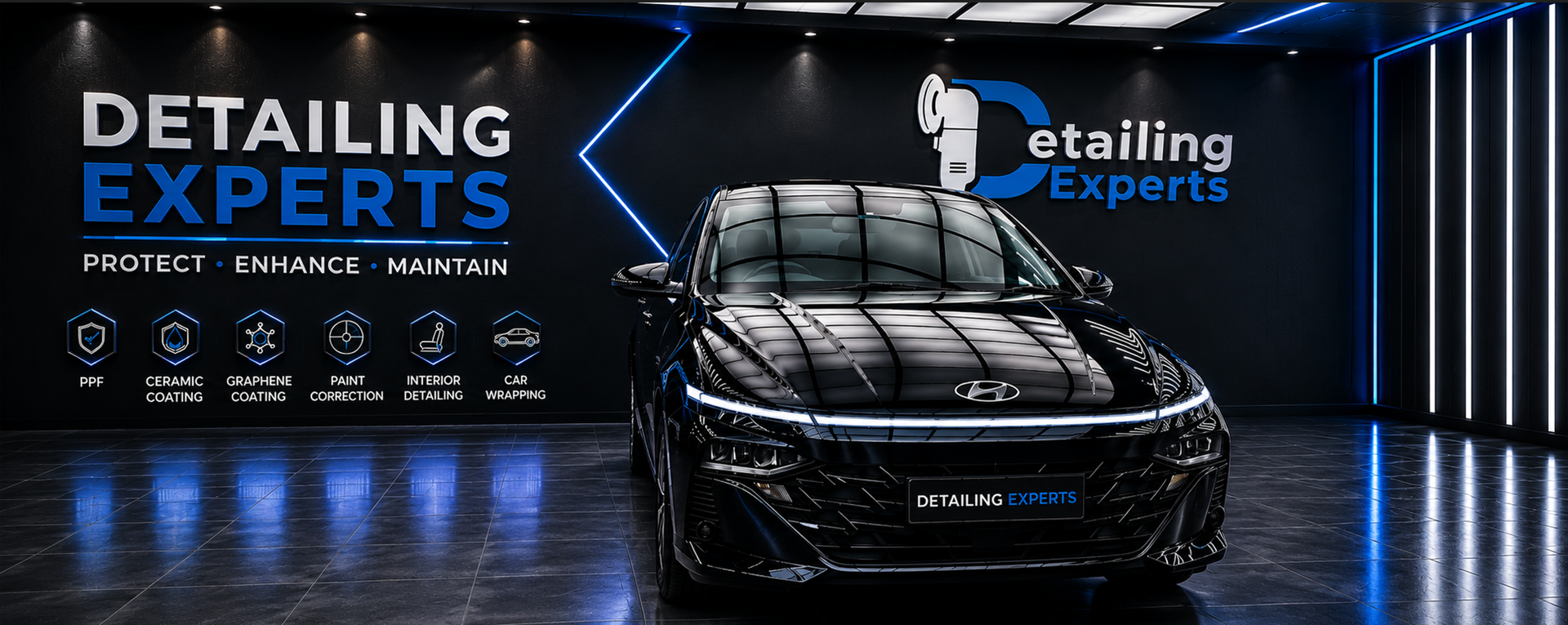 Luxury automotive detailing studio background