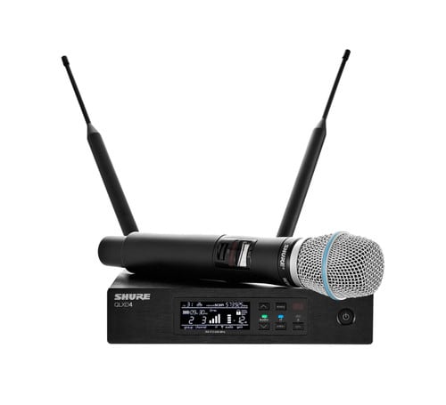 Shure QLXD24/B87A Handheld Wireless System Front with Wireless Handheld Microphones