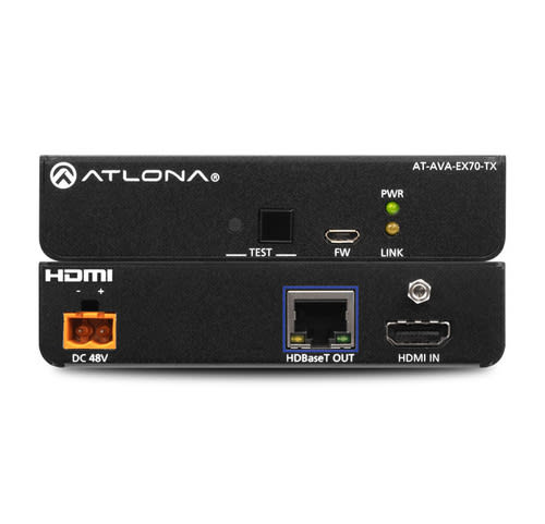 Atlona AT-AVA-EX70-KIT Avance 4K/UHD HDMI Extender Kit: transmitter front and back shown