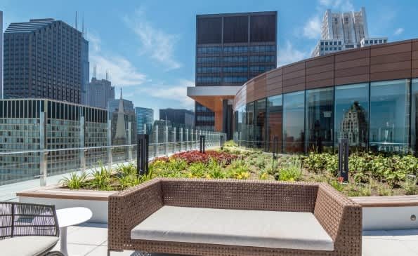 Rooftop terrace with woven lounge seating, planters with greenery, glass railing, and downtown Chicago skyline views.