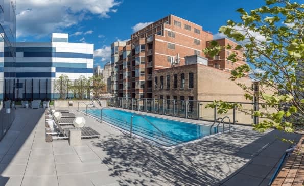 Rooftop pool with lounge chairs and metal railings, surrounded by brick residential buildings under blue sky.