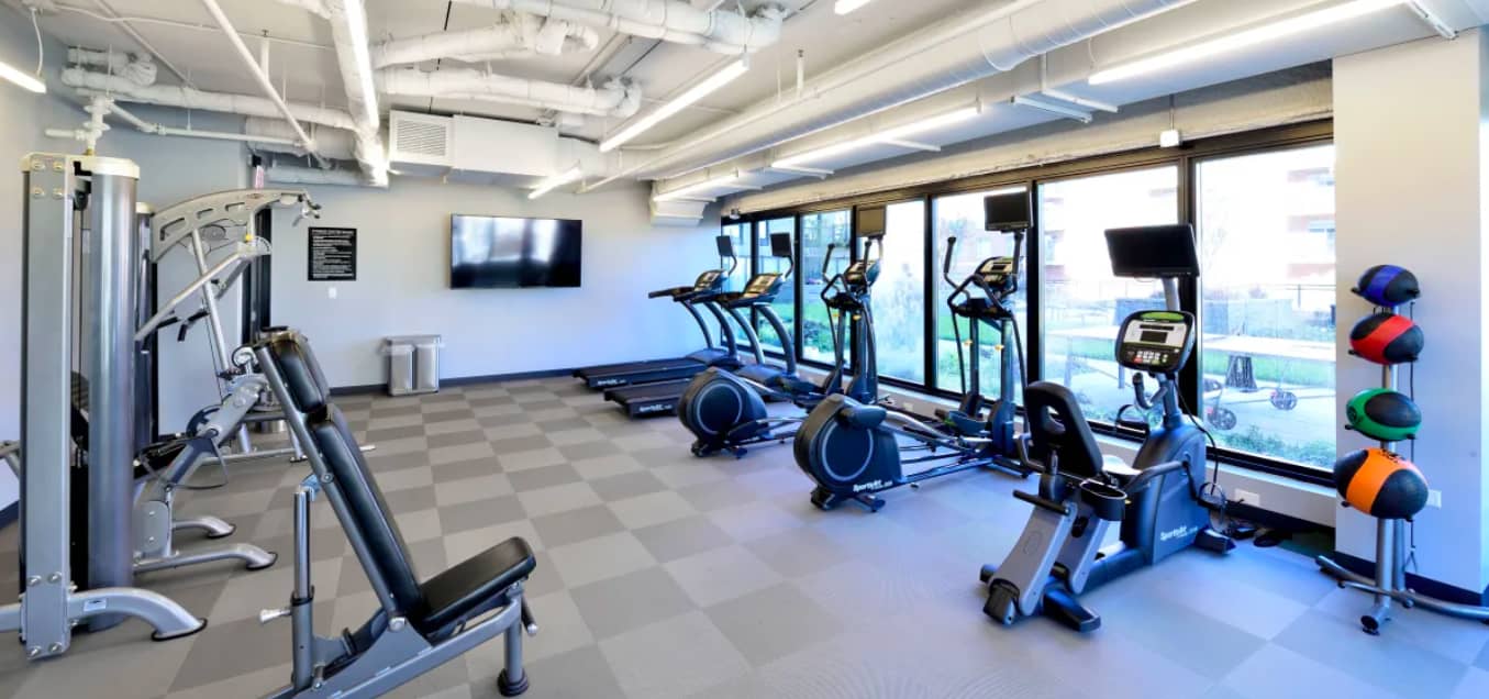 Modern gym with treadmills, stationary bikes, weight machines, and medicine balls; large windows overlook the city skyline.