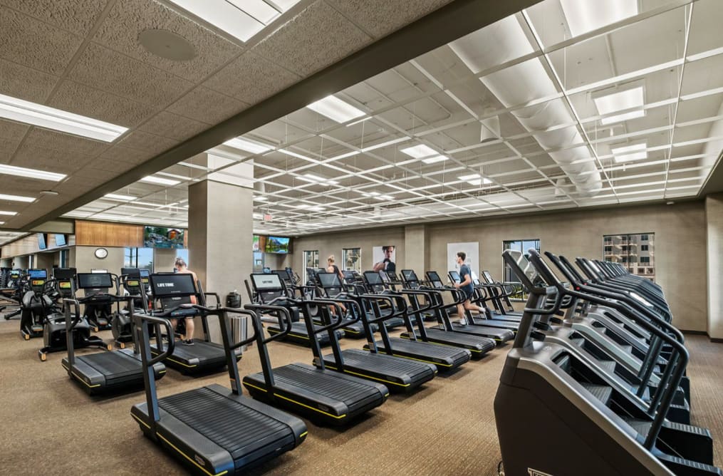Spacious gym with multiple treadmills and cardio machines arranged in rows, bright skylights overhead, and beige walls.