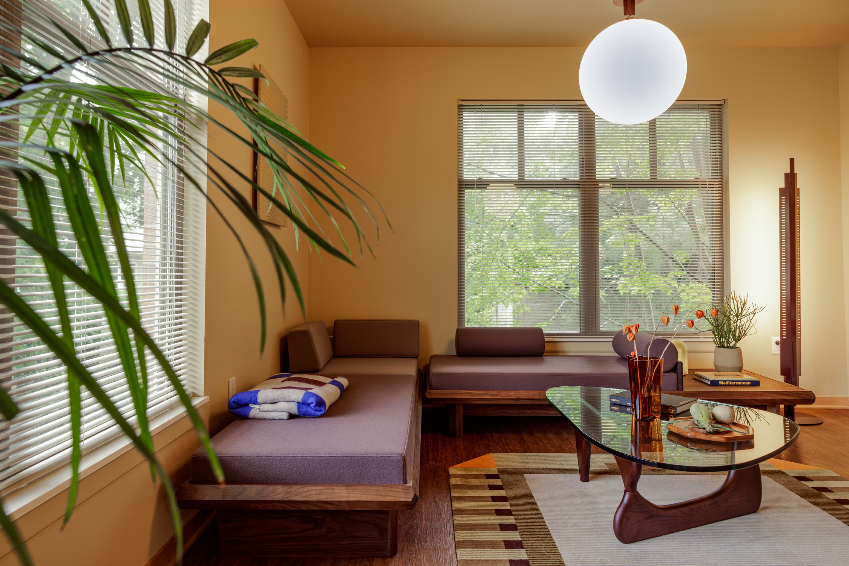 Living room with two brown upholstered seating units, glass-top coffee table, potted plant, and large windows with natural light.