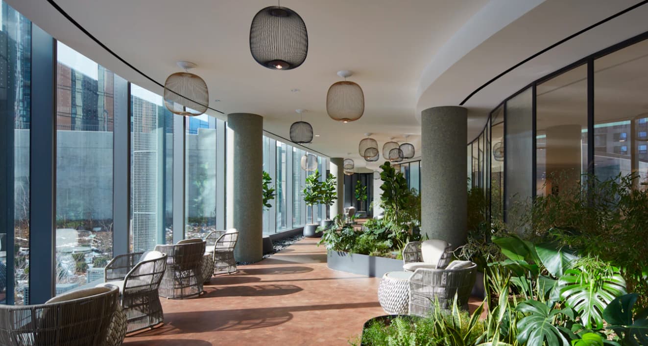 High-rise corridor with expansive windows, potted plants, woven pendant lights, and wicker seating areas with city views.