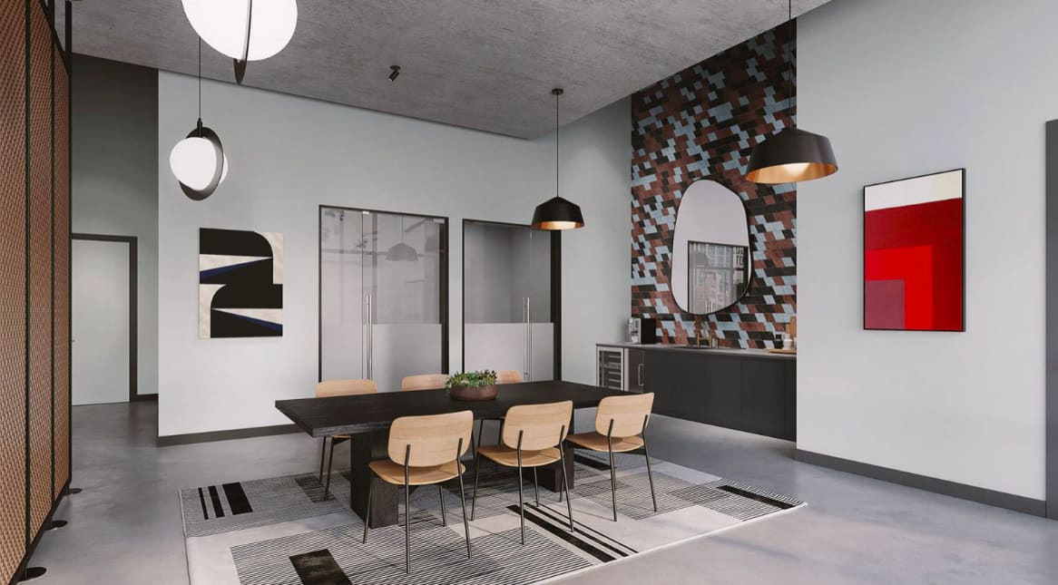 Modern dining room with black table, tan chairs, pendant lights, geometric brick accent wall, and concrete ceiling.