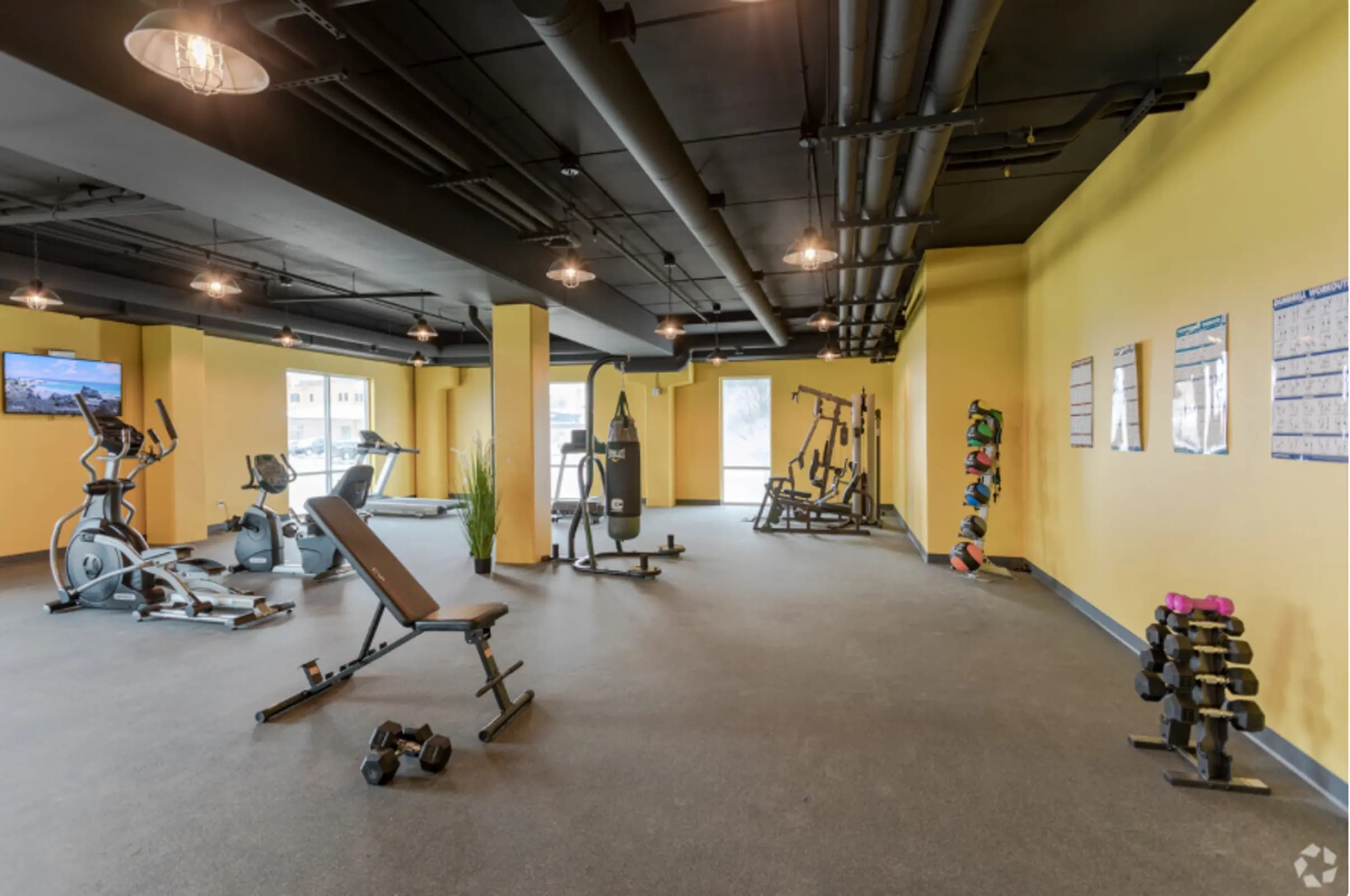 Spacious fitness center with yellow walls, exercise bikes, weight benches, dumbbells, and strength machines under industrial ceiling.
