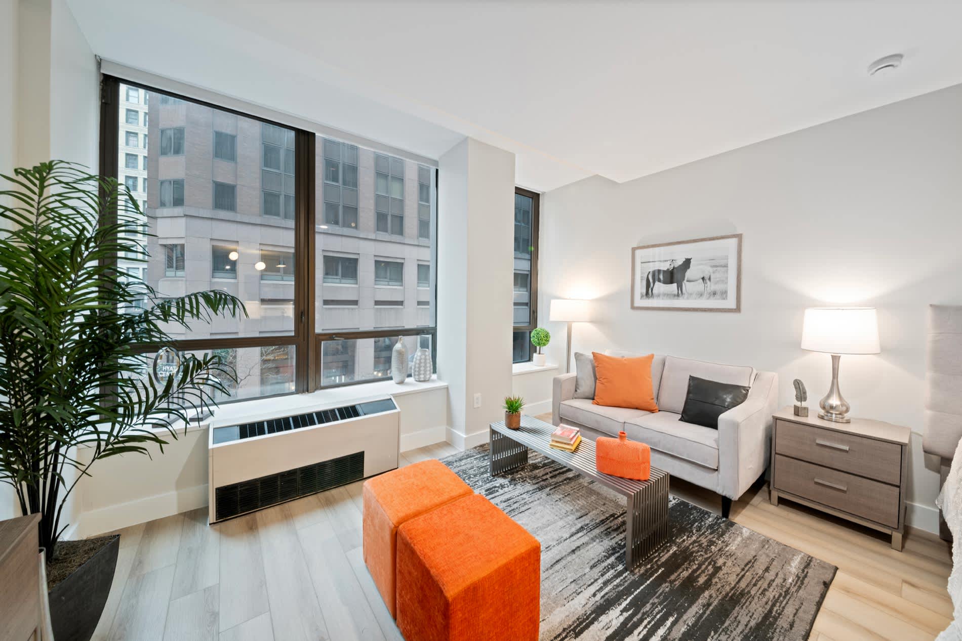 Studio living room with gray sofa, orange ottoman, large windows overlooking city buildings, potted plant, and wood flooring.