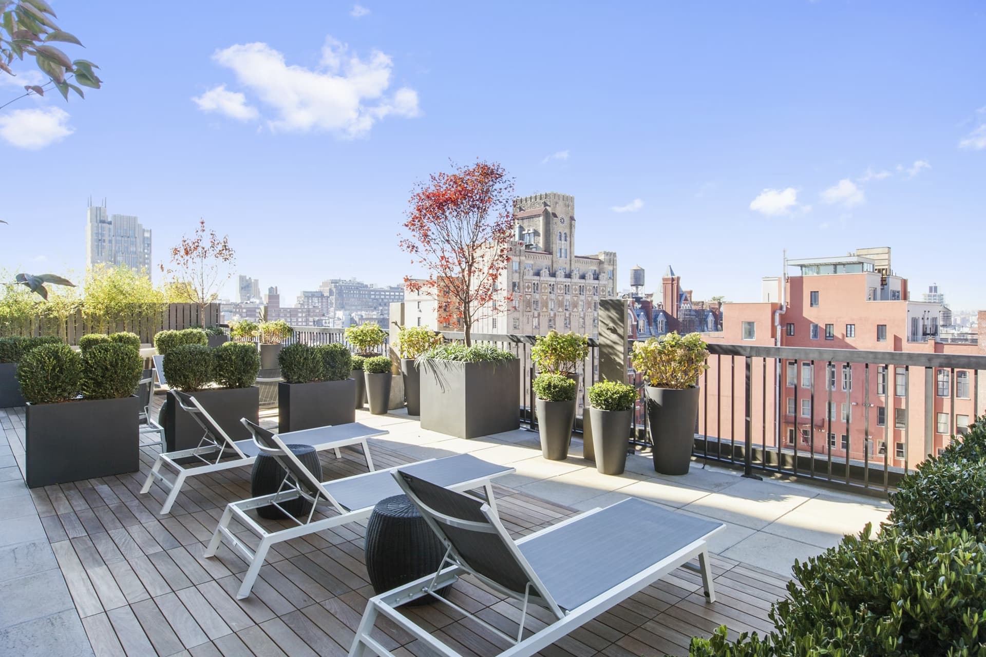 Rooftop terrace with lounge chairs, potted plants, and Manhattan skyline views including historic buildings.
