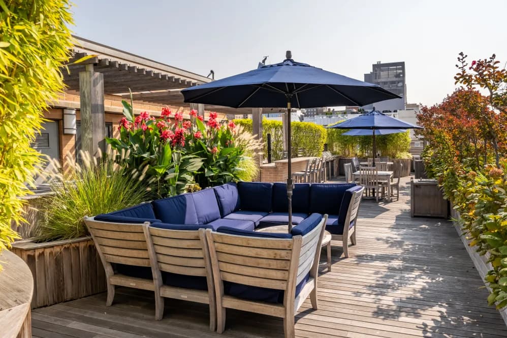 Rooftop terrace with wooden lounge seating, navy cushions, blue umbrellas, red flowers, and green plants with city buildings visible in background.