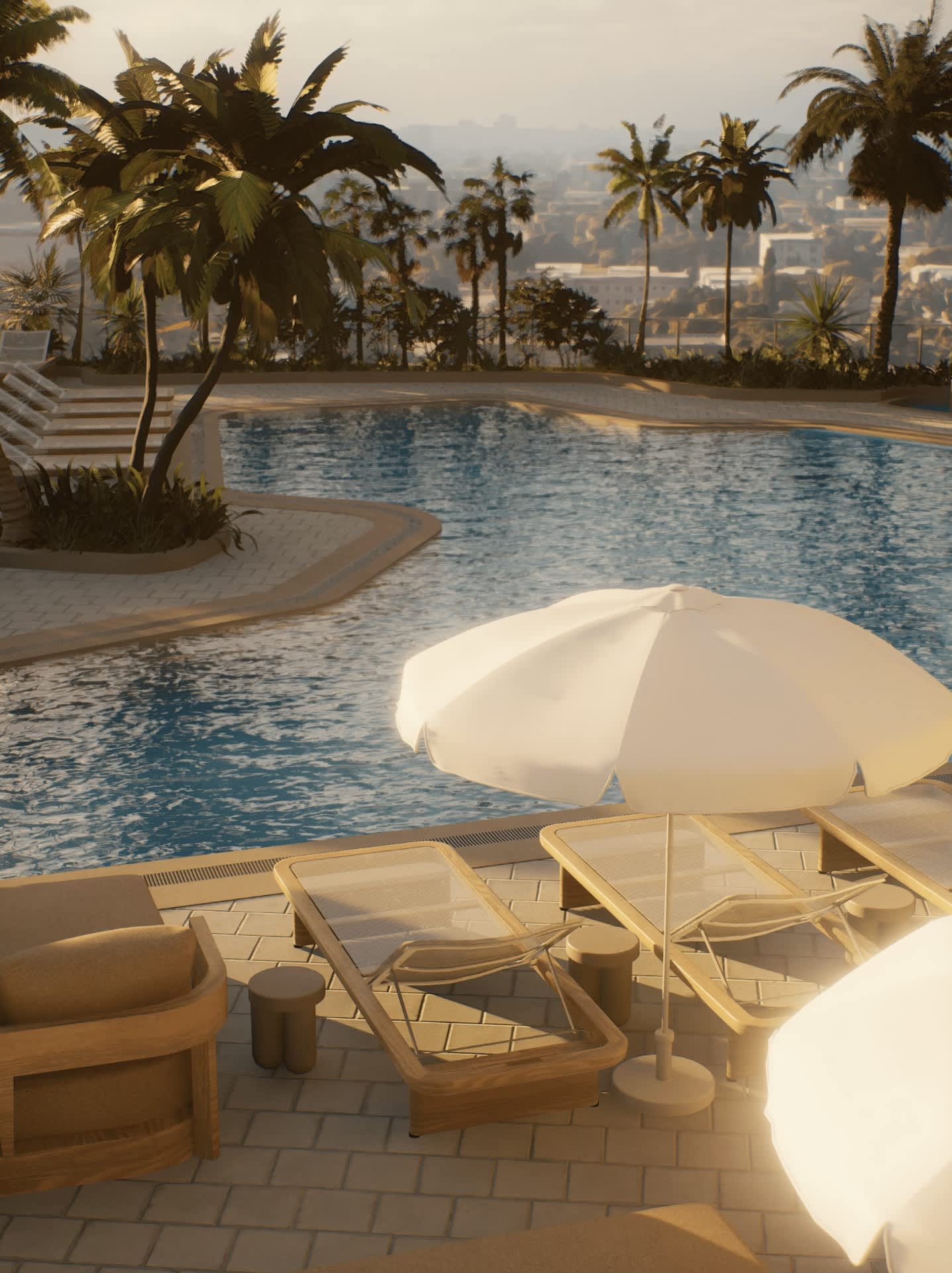 Pool deck with white umbrellas, lounge chairs, and palm trees overlooking Miami cityscape at sunset.