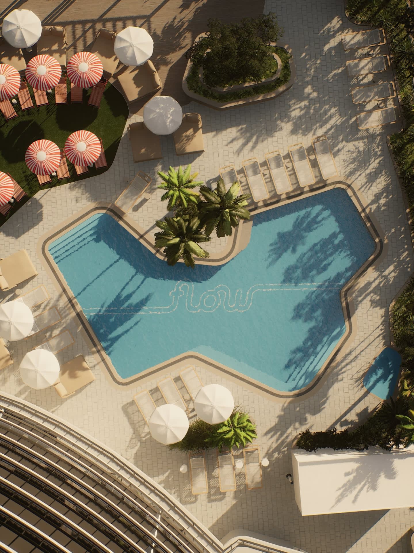 Overhead view of curved swimming pool surrounded by white umbrellas, red-striped lounge chairs, palm trees, and paved deck area.