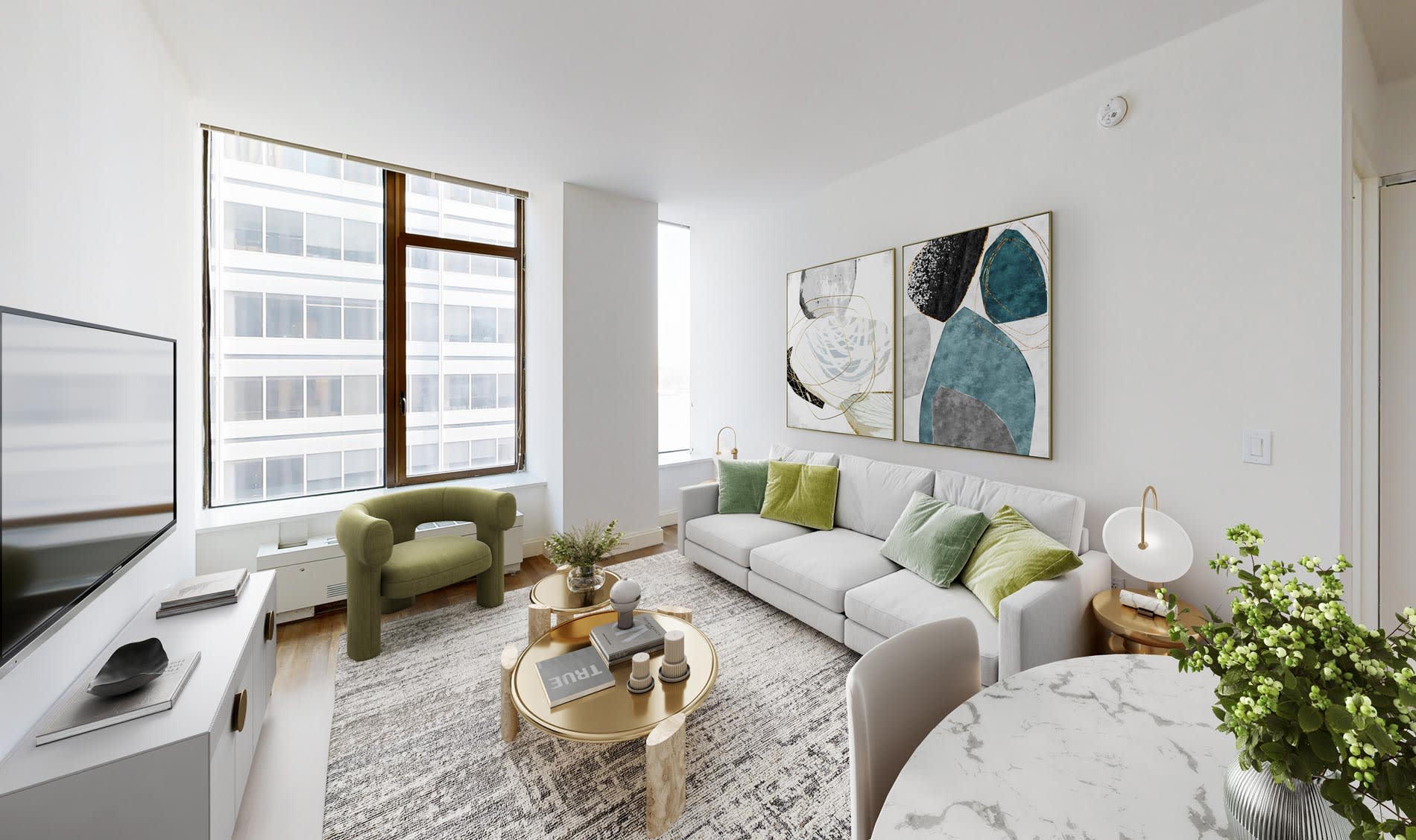 Modern living room with white sofa, green accent chair, marble dining table, large windows overlooking city, and abstract wall art.