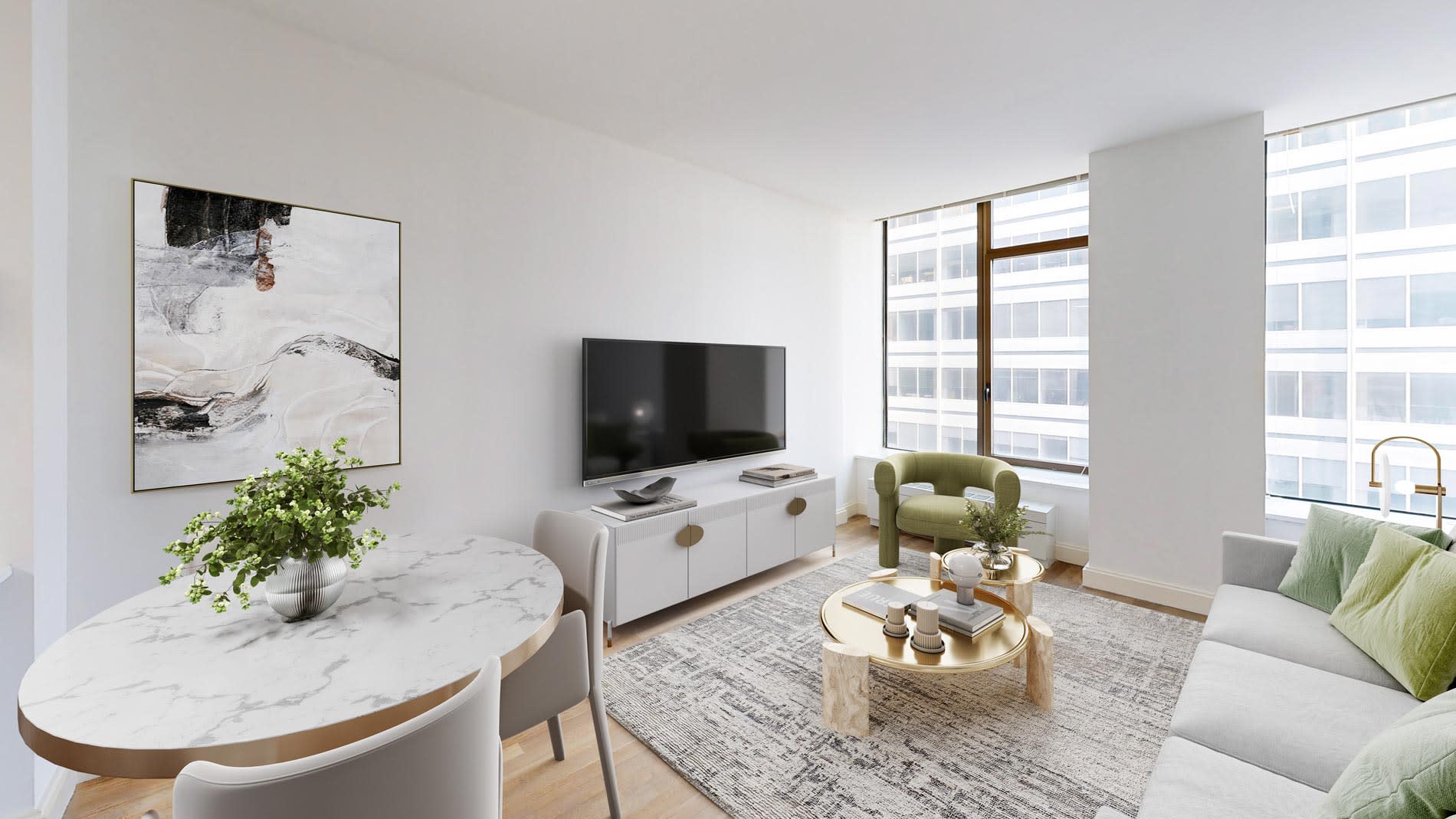 Modern apartment living room with white marble dining table, gray sofa, green accent chair, wall-mounted TV, and large windows overlooking city buildings.