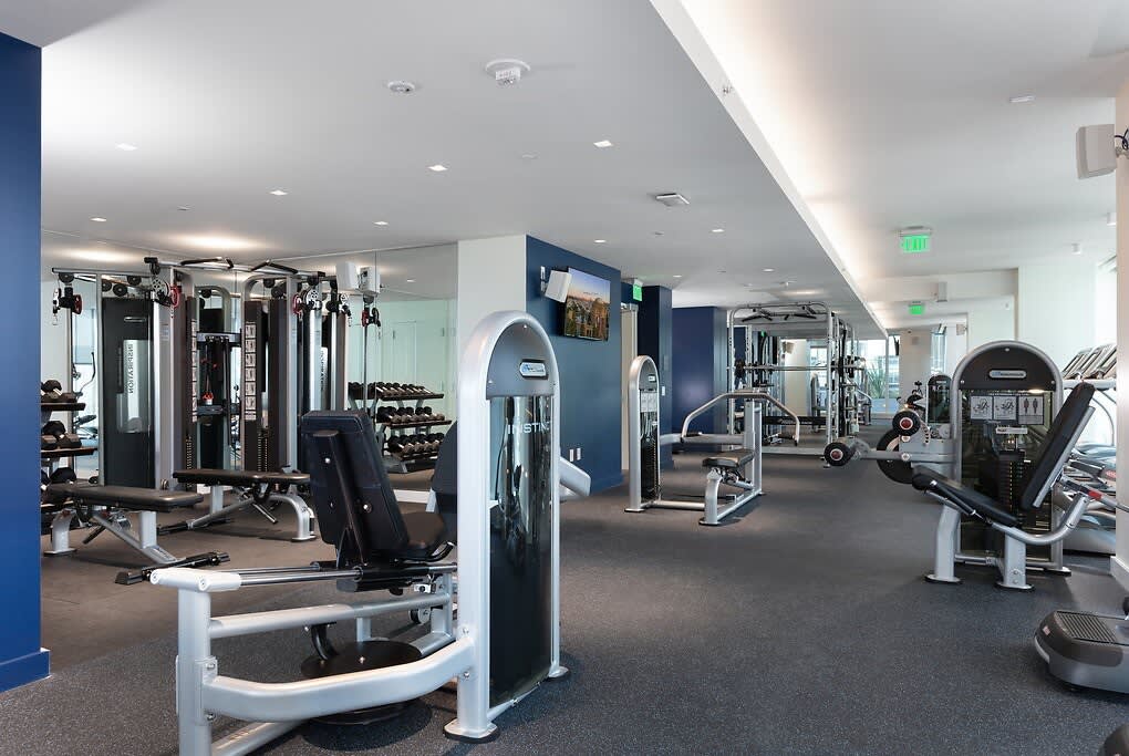 Modern fitness center with black and white exercise machines, dumbbell racks, and cardio equipment on dark flooring under recessed lighting.