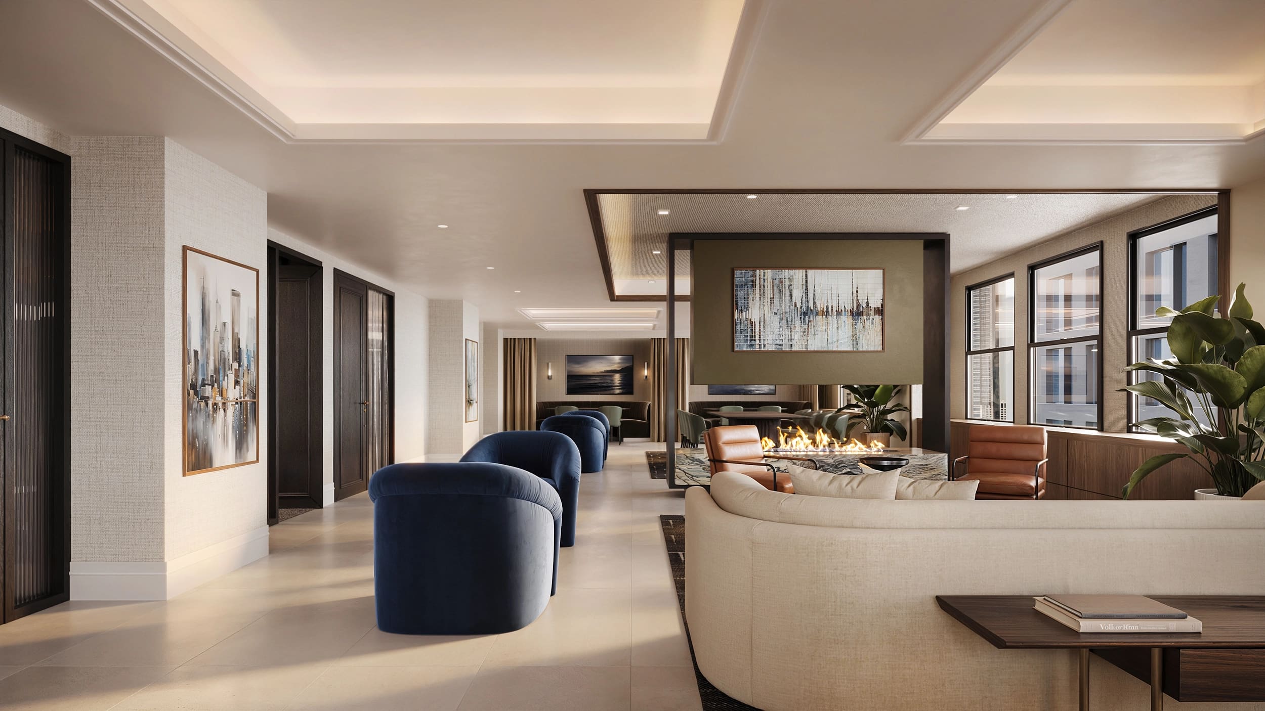 Modern living room with curved cream sofa, navy blue accent chairs, gas fireplace, and large windows overlooking the city.
