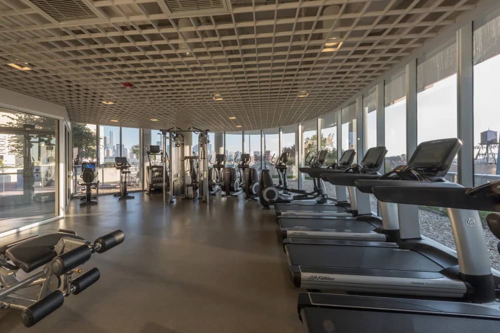 Modern gym with rows of treadmills and cardio machines, floor-to-ceiling windows overlooking Chicago skyline, grid ceiling with recessed lighting.