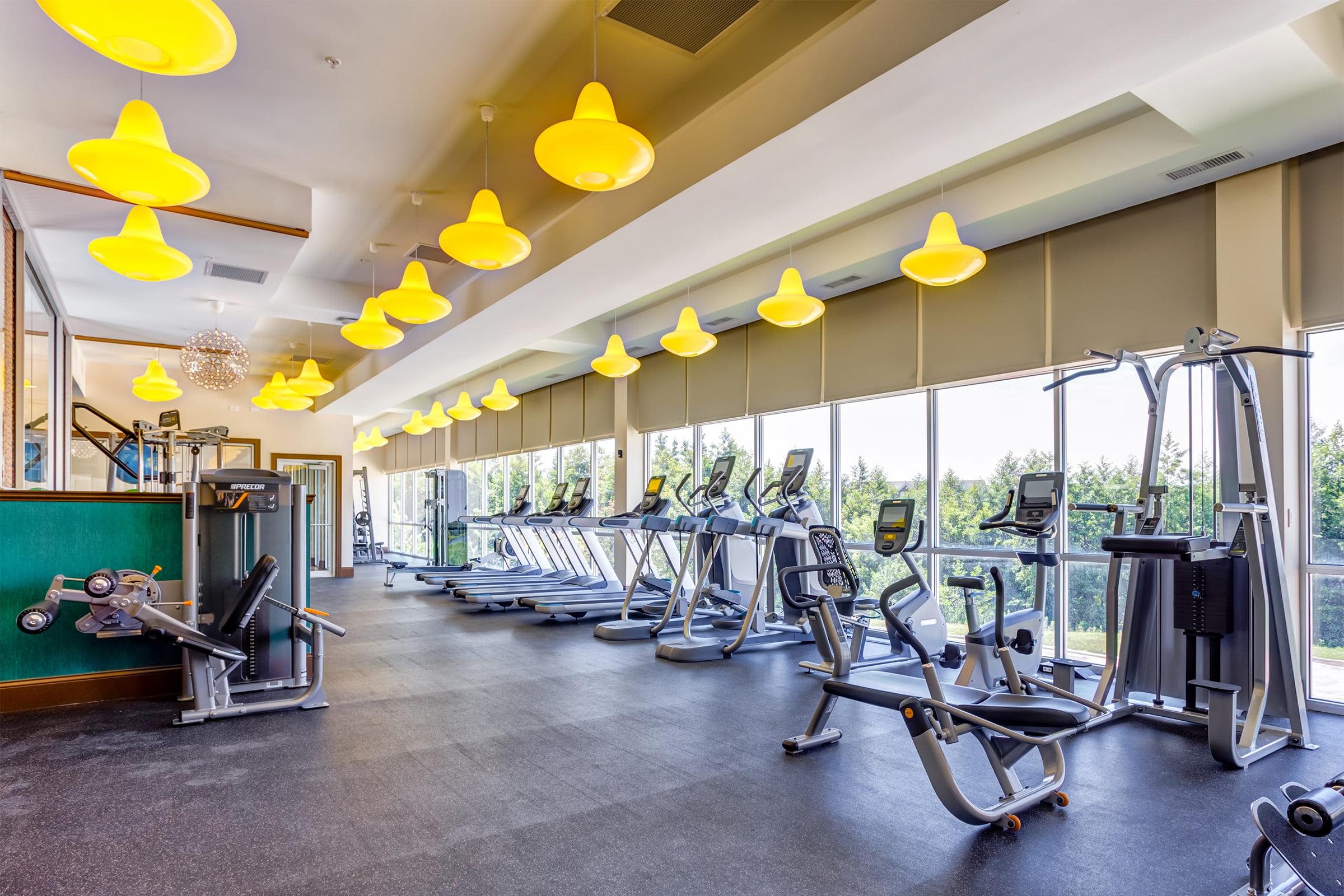 Fitness center with rows of cardio equipment, strength machines, yellow pendant lights, and expansive windows overlooking trees.