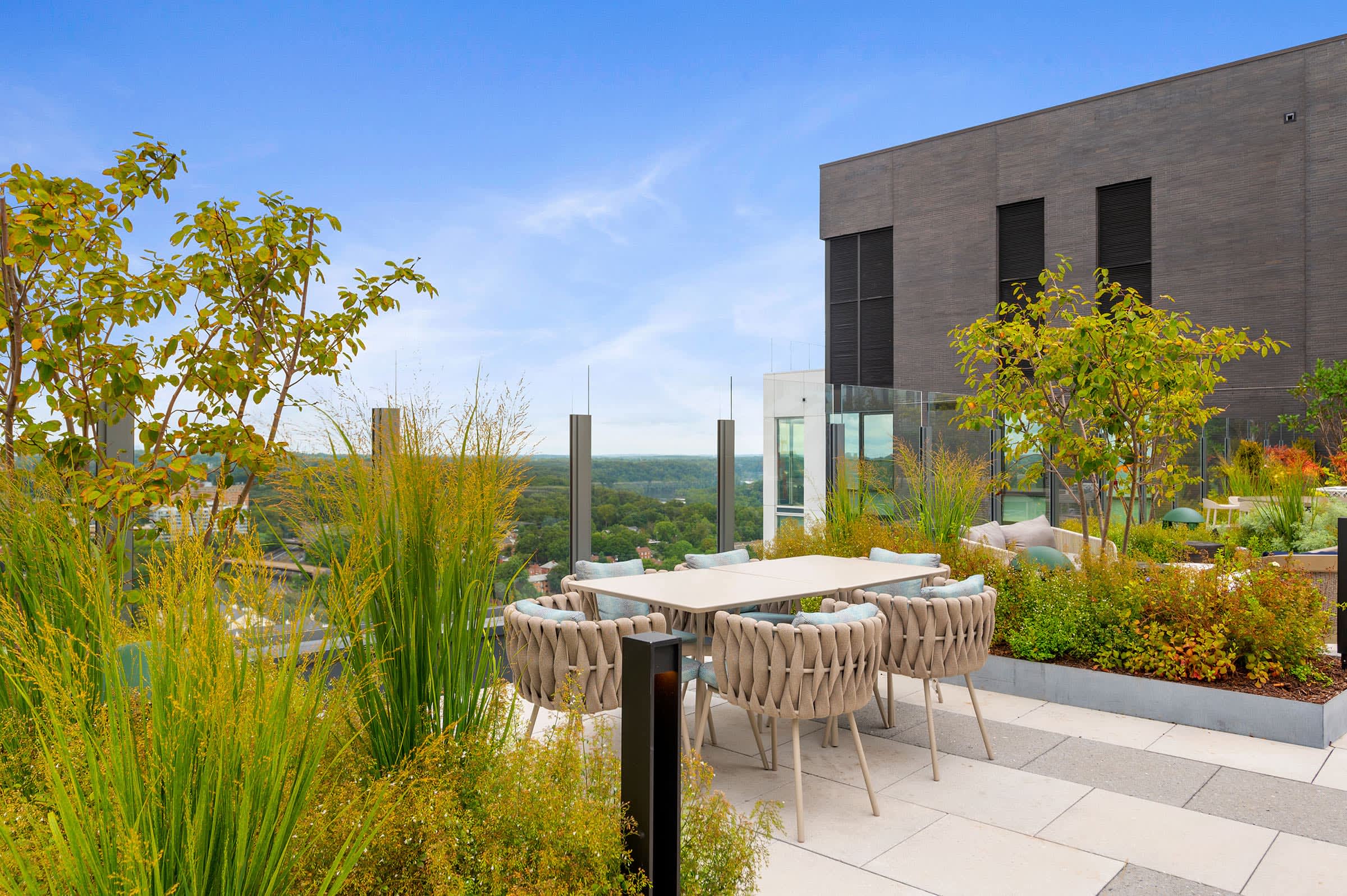 Rooftop terrace with white dining table, beige woven chairs, ornamental grasses, young trees, and panoramic views of green landscape beyond glass railings.