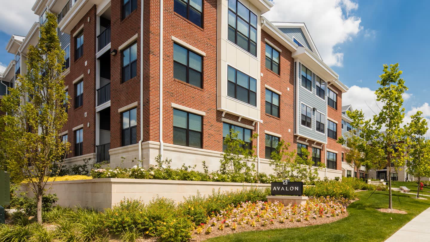 Multi-story brick residential building with cream trim, large windows, and landscaped grounds with flowering shrubs and young trees.