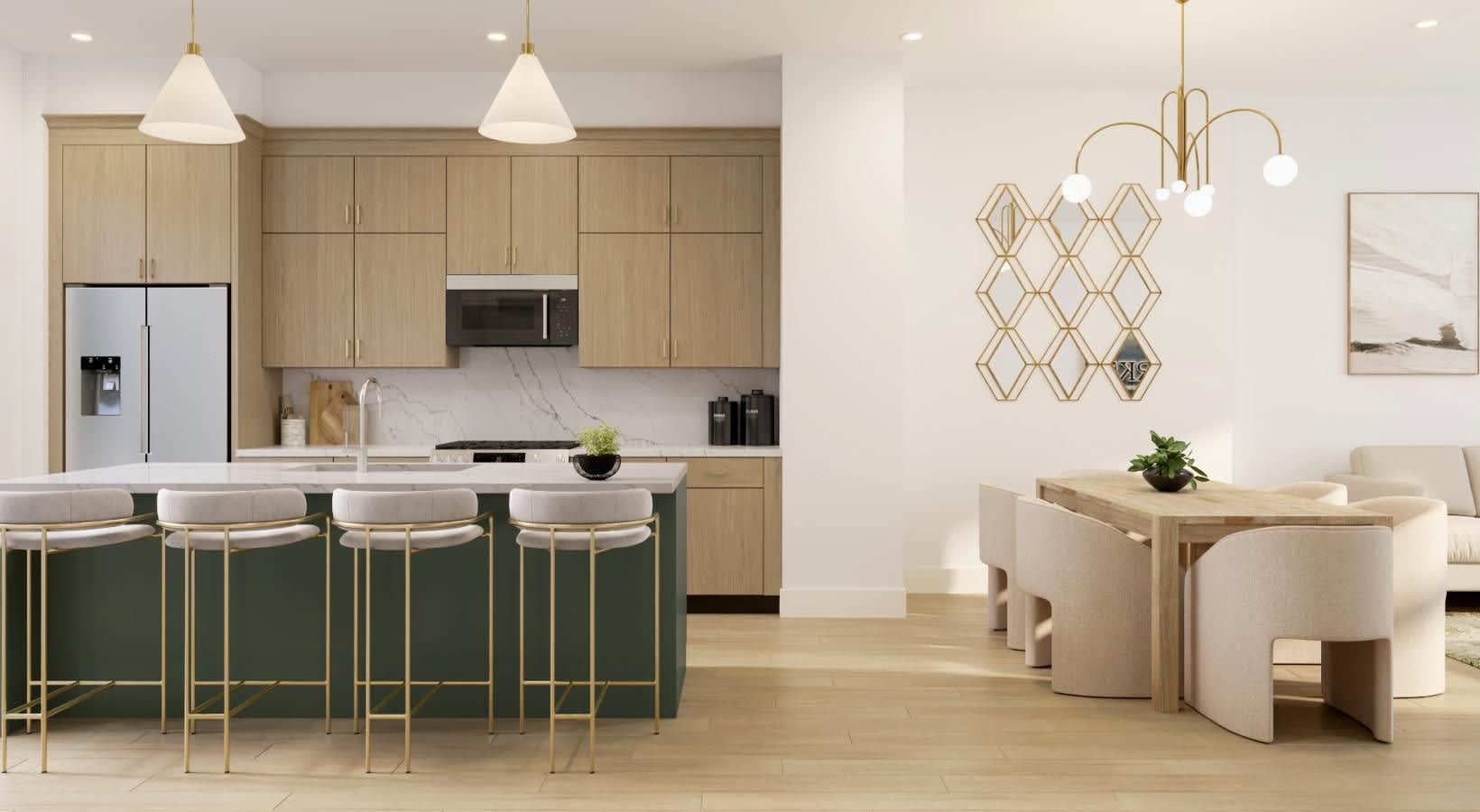 Open kitchen and dining area with natural wood cabinets, green island with four bar stools, stainless steel appliances, and wooden dining table with cream chairs.