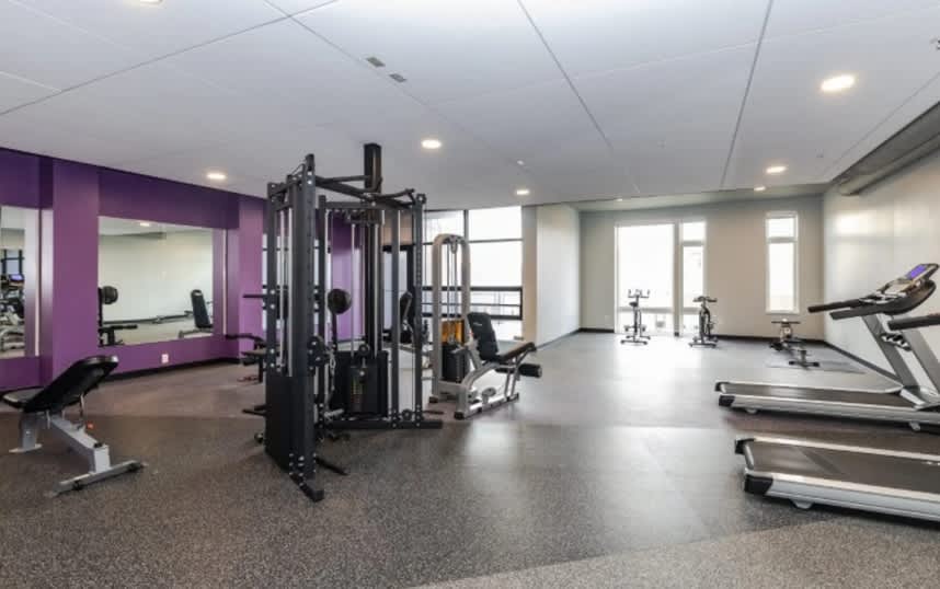 Spacious fitness center with black multi-station weight machine, treadmills, exercise bike, purple accent wall, and large windows.