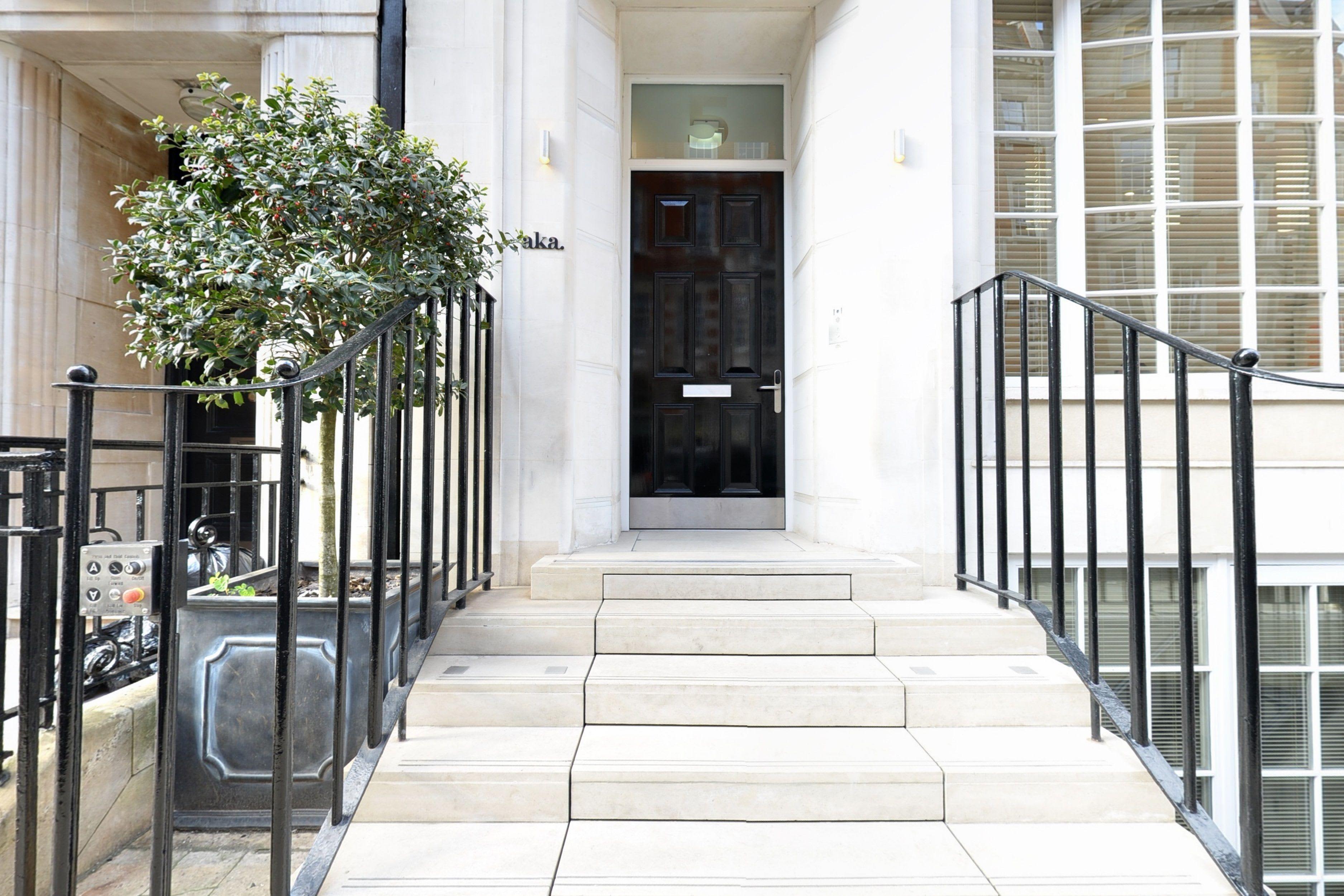 Entrance courtyard with light stone paving, black metal railings, potted plant, and black front door to white building.