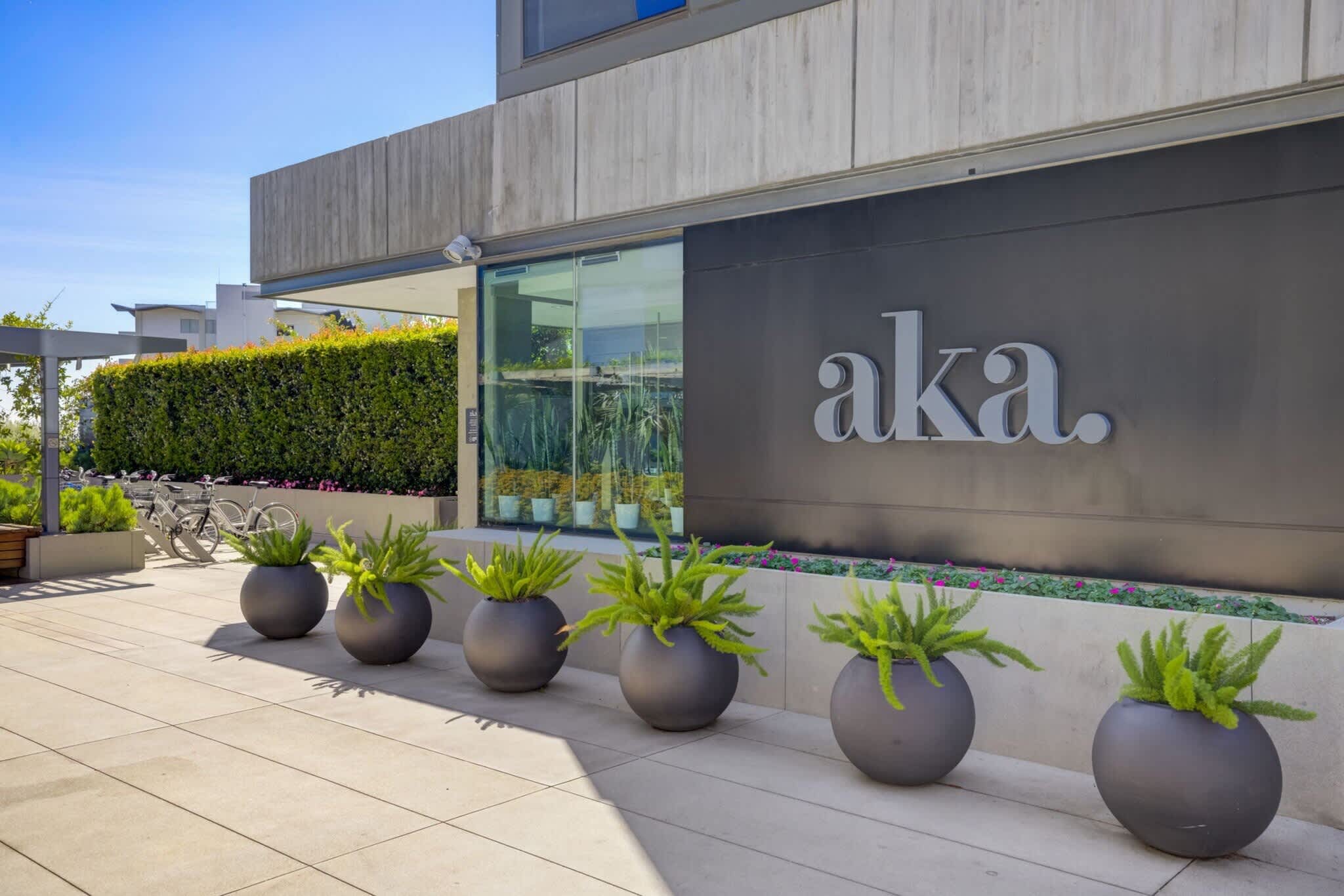 Modern courtyard with black spherical planters containing green foliage, dark facade with AKA signage, and glass entry doors.