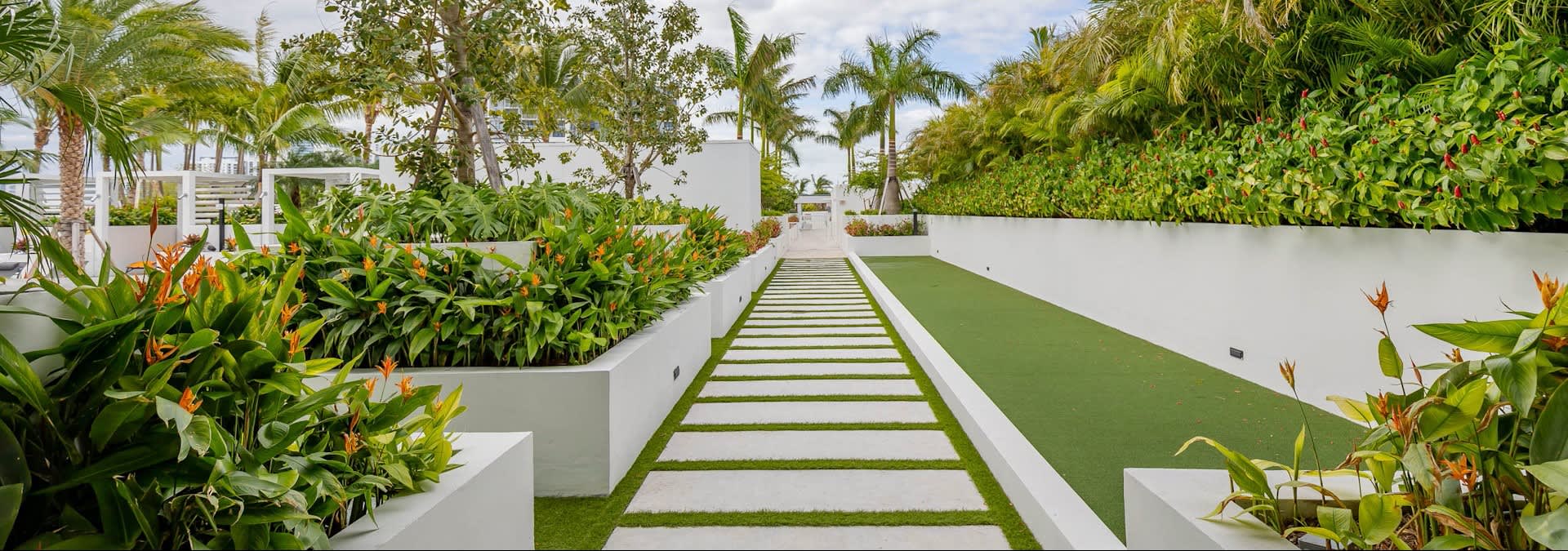 Modern courtyard pathway with green lawn strips, white walls, tropical plants including bird of paradise flowers, and palm trees in background.