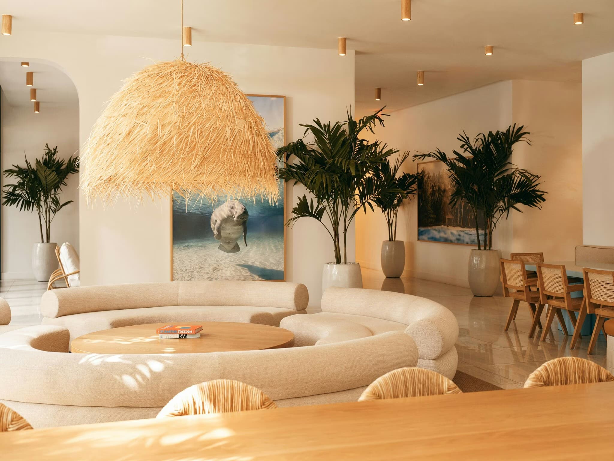 Open-concept living room with curved cream seating, woven pendant light, potted palms, wooden round table, and framed beach artwork.