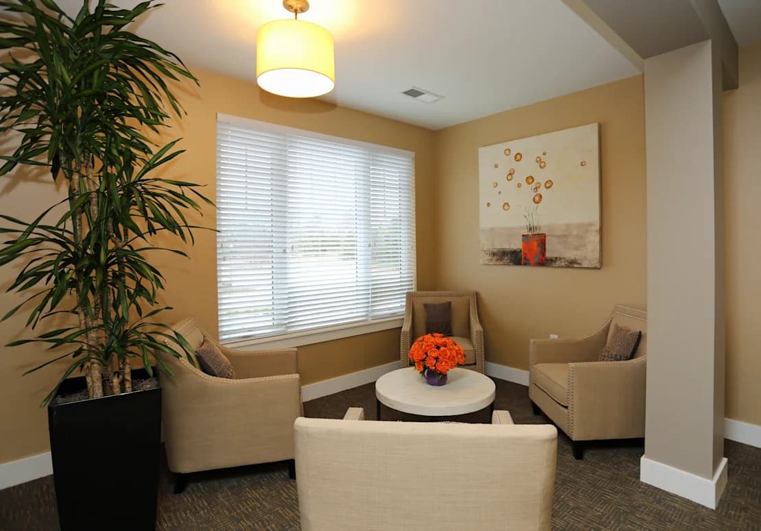 Lounge with three cream-colored chairs, white round table with orange flowers, large windows with shutters, potted plant, and yellow walls.