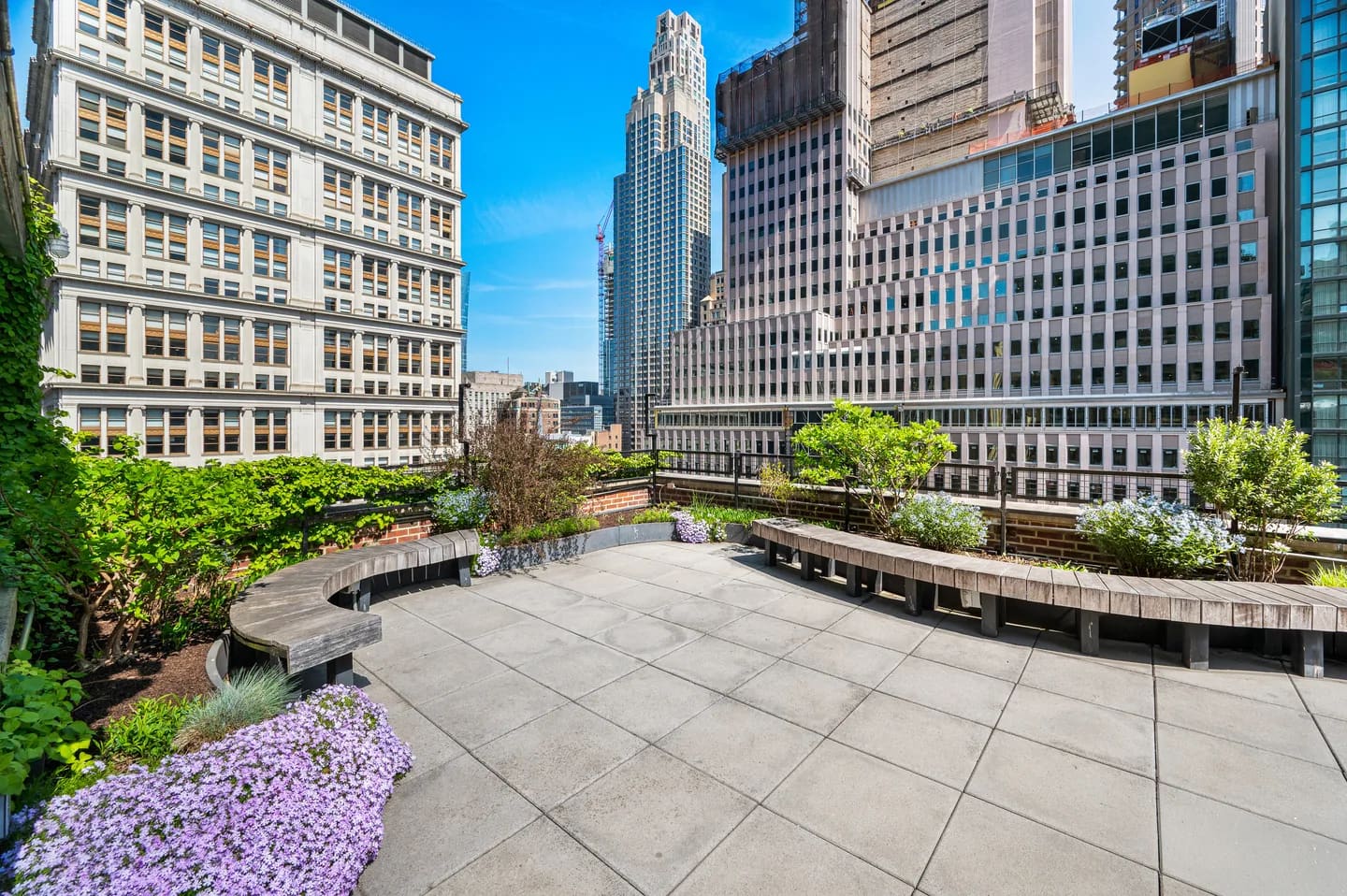 Rooftop terrace with paved seating area, purple flowering plants, green shrubs, and curved benches overlooking downtown Manhattan skyscrapers.
